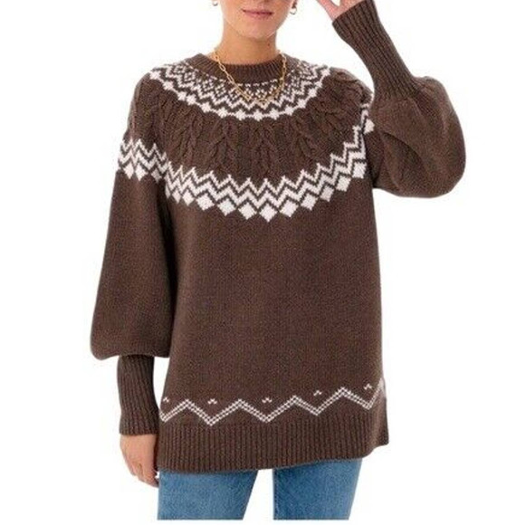 Tuckernuck Sweaters - Tuckernuck Fair Isle Wren Sweater Puff Sleeve Coffee Brown Women's Medium H14471